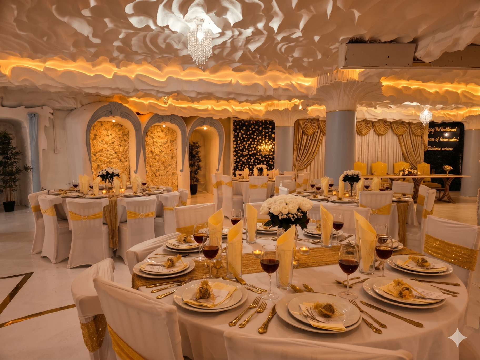 Opulent @ 35 Liverpool ballroom dressed with round banquet tables, white chair covers and gold sashes beneath the sculpted Art Nouveau ceiling
