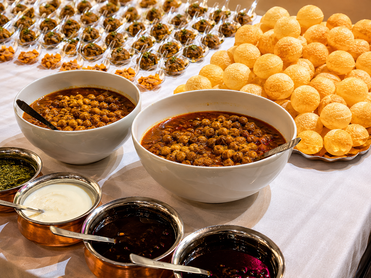 In-house halal catering at Opulent @ 35 Liverpool — bowls of chana masala, pani puri shells, chutneys and individually plated starters