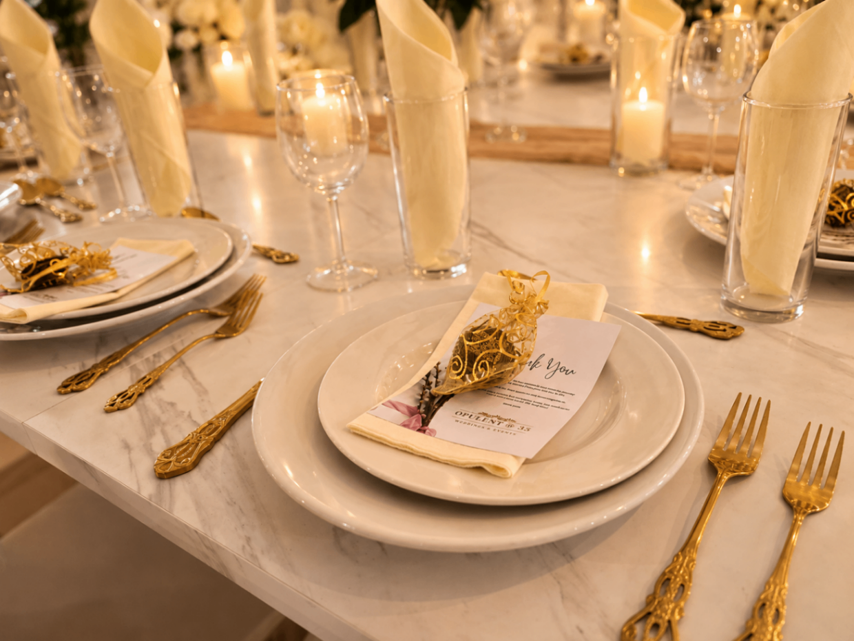 Close-up of a marble table place setting at Opulent @ 35 Liverpool with gold cutlery and a branded Thank You menu card