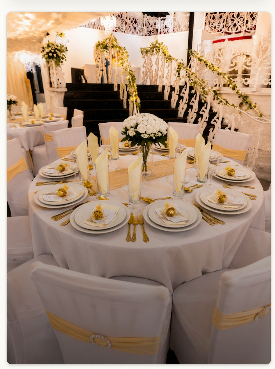Opulent @ 35 Liverpool tablescape beside the staircase — white linen, gold cutlery, yellow napkin fans and white roses beneath draped fabric ceiling and chandelier in the Grade II listed Art Nouveau hall